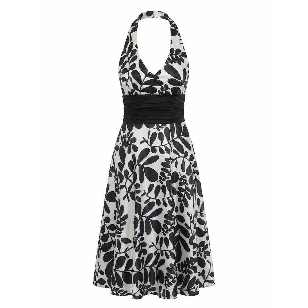 BCBGMAXAZRIA Black White Leaf Print Halter Midi Dress Monochrome Graphic Large